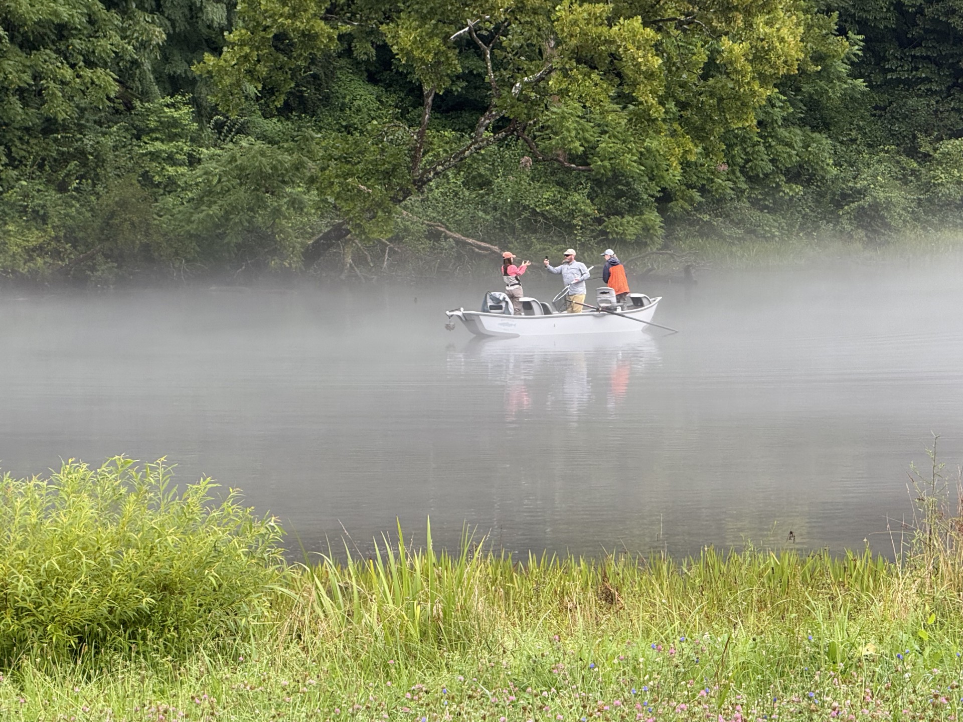Drift boat in mist on the Watauga near Broad